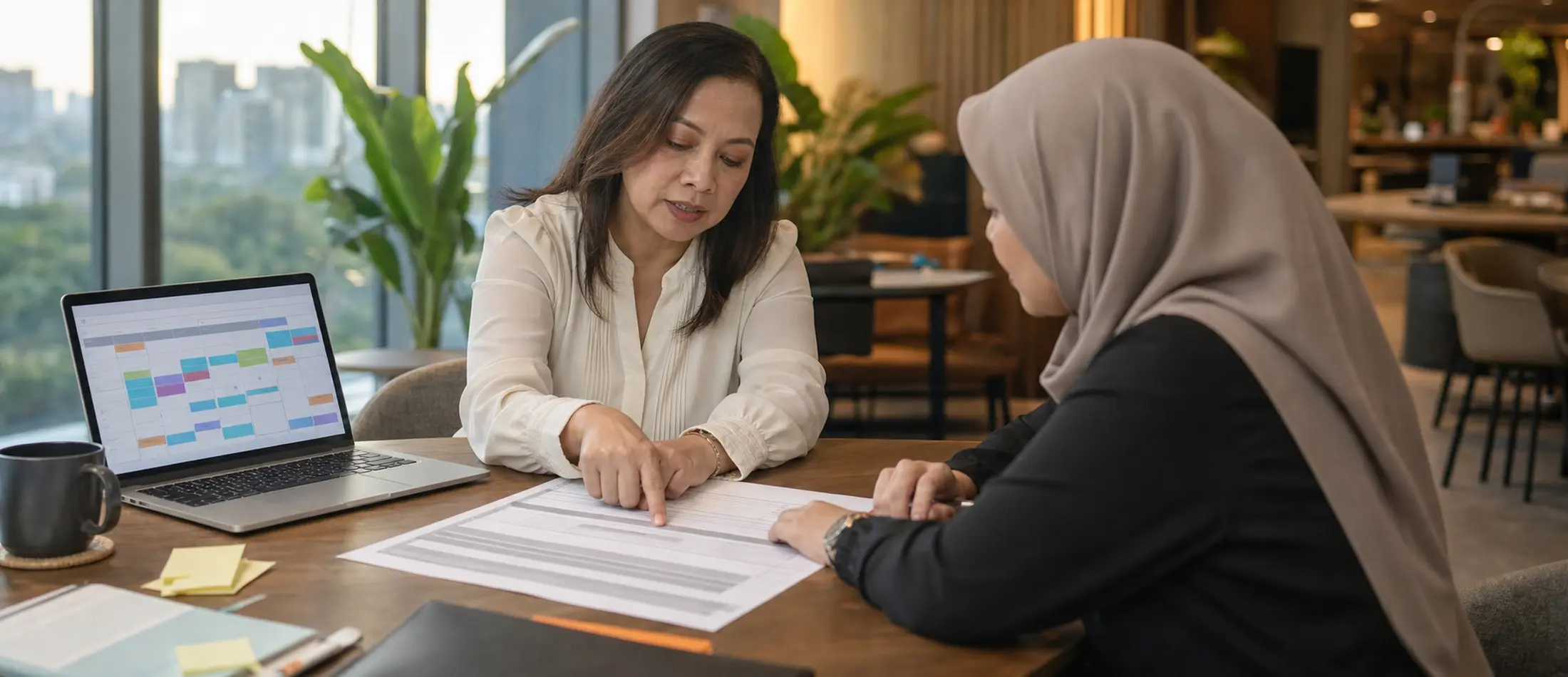 An HR director and a Learning Edge consultant reviewing an HRD Corp grant application and training calendar together at a desk
