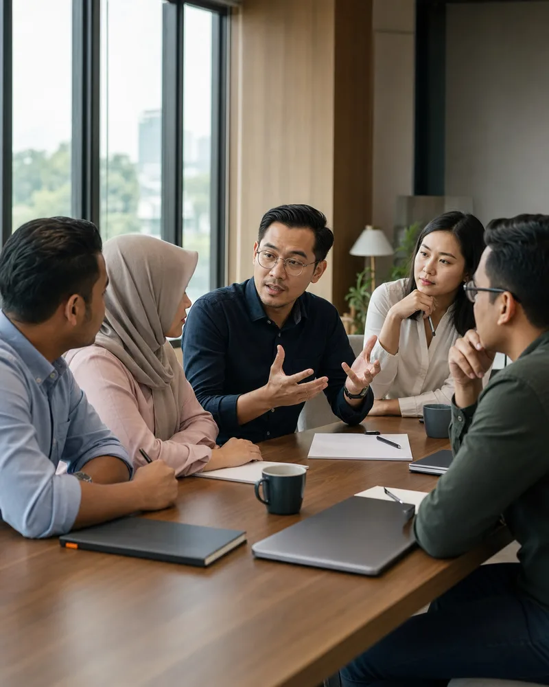 Illustration: five colleagues seated around a meeting table, one speaking while the others listen