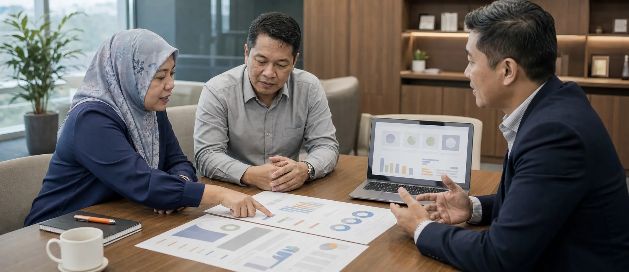 Illustration: three colleagues reviewing printed charts and a laptop dashboard across a meeting table
